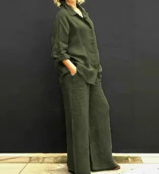 Spring Summer Women Lapel Long Sleeve Shirt High Waist Wide Leg Pants Set