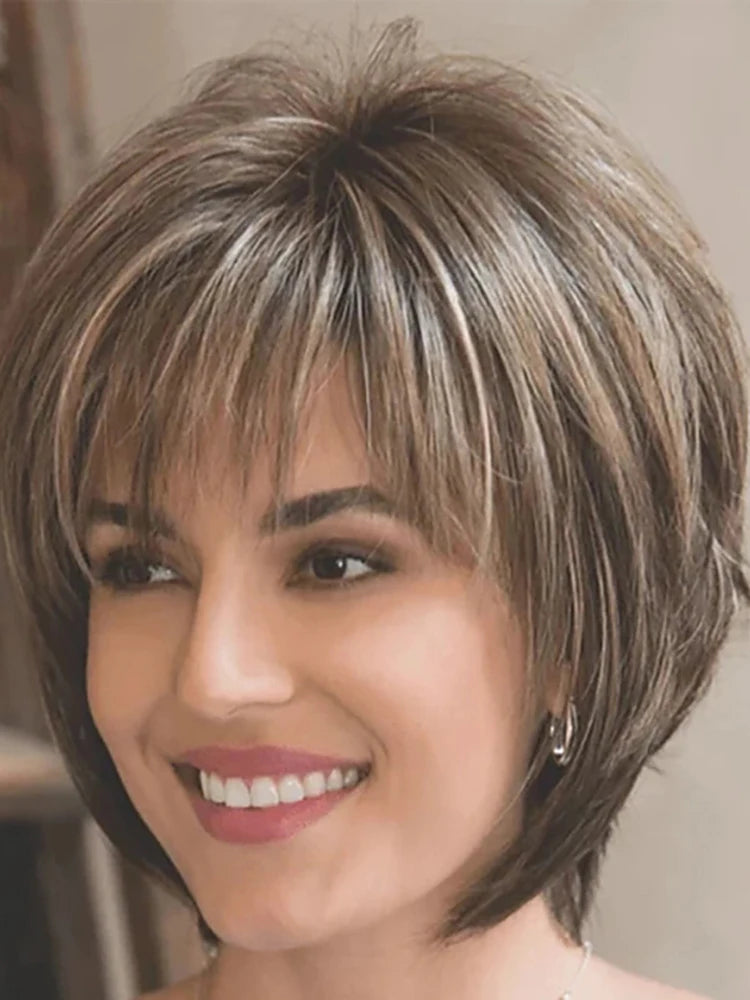 HAIRJOY Synthetic Hair Short Curly Brown Mixed Blonde Highlight Wigs with Bangs for White Women