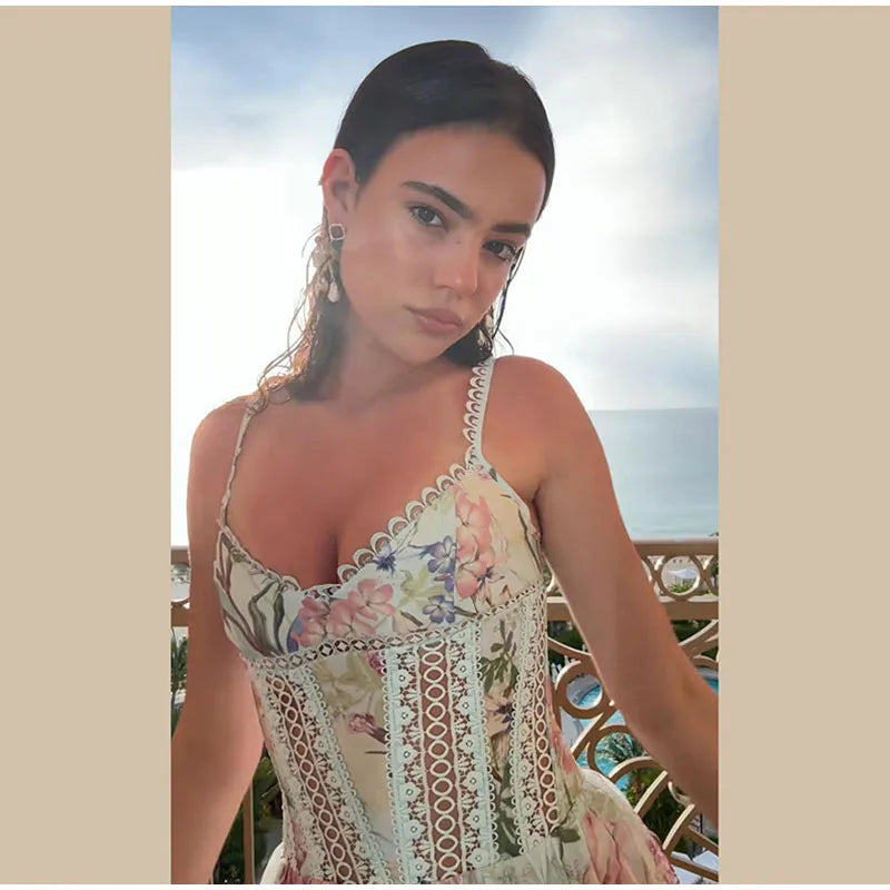 Floral Print Women's Dress Elegant Spaghetti Strap Lace Trim Hollow Out Flowy A Line Dress Lady 2026 Summer New Woman Vestidos