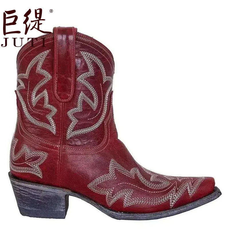 Casual Autumn Winter Western Cowboy Ankle Boots Women Snake Leather Cowgirl Booties Short Cossacks botas High Heels Shoes