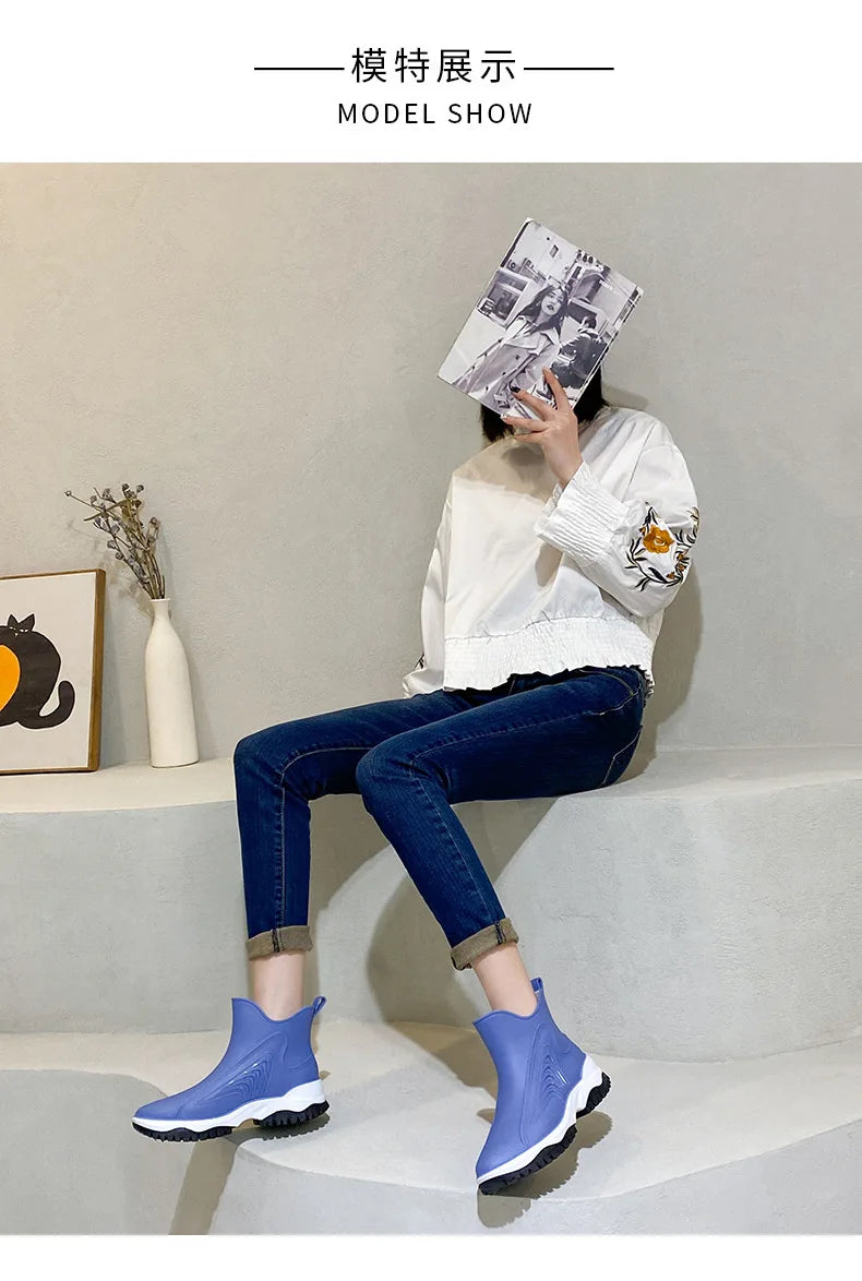 Women Rainboots Slip-on Waterproof Girls Ankle Boots PVC Anti-Slip Spring Autumn Rain Shoes Platform Woman Fishing Rubber Shoes