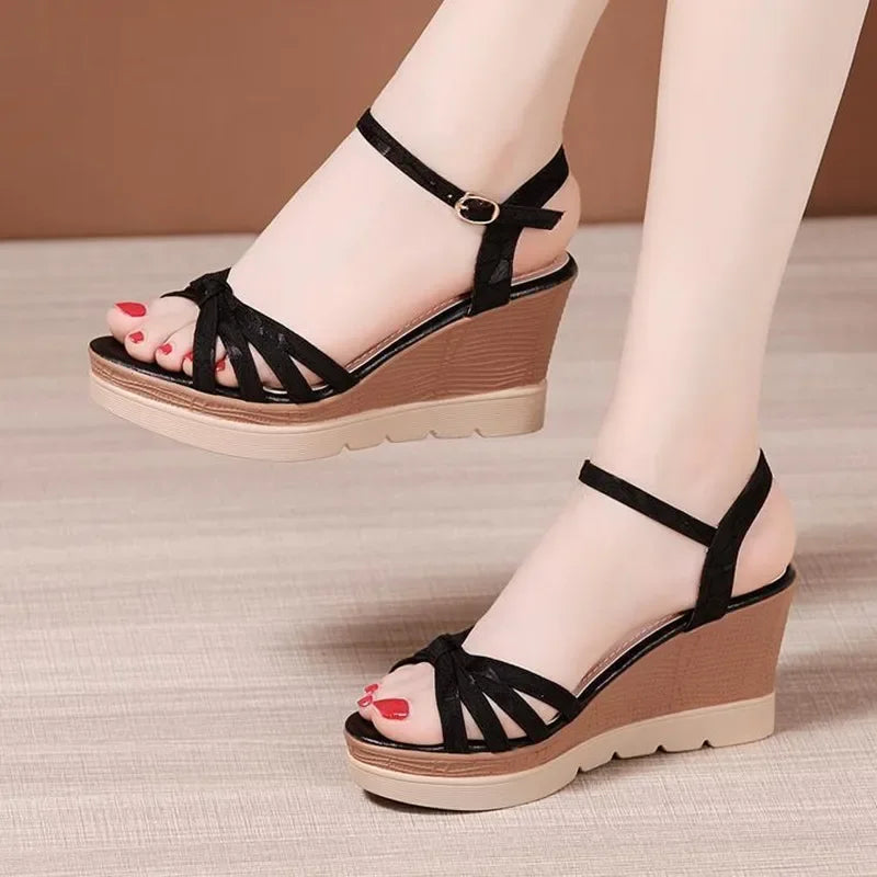 Hot Sale Thick Sole Leather Casual Platform Sandals Women Summer 2026 High Heels Wedges Shoes for Office Beach Mother