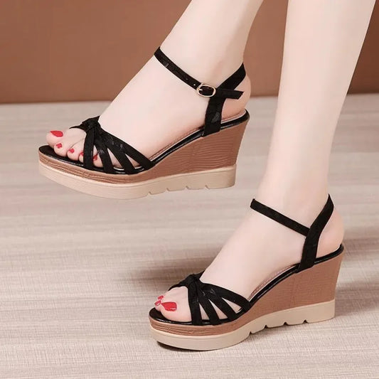 Hot Sale Thick Sole Leather Casual Platform Sandals Women Summer 2026 High Heels Wedges Shoes for Office Beach Mother