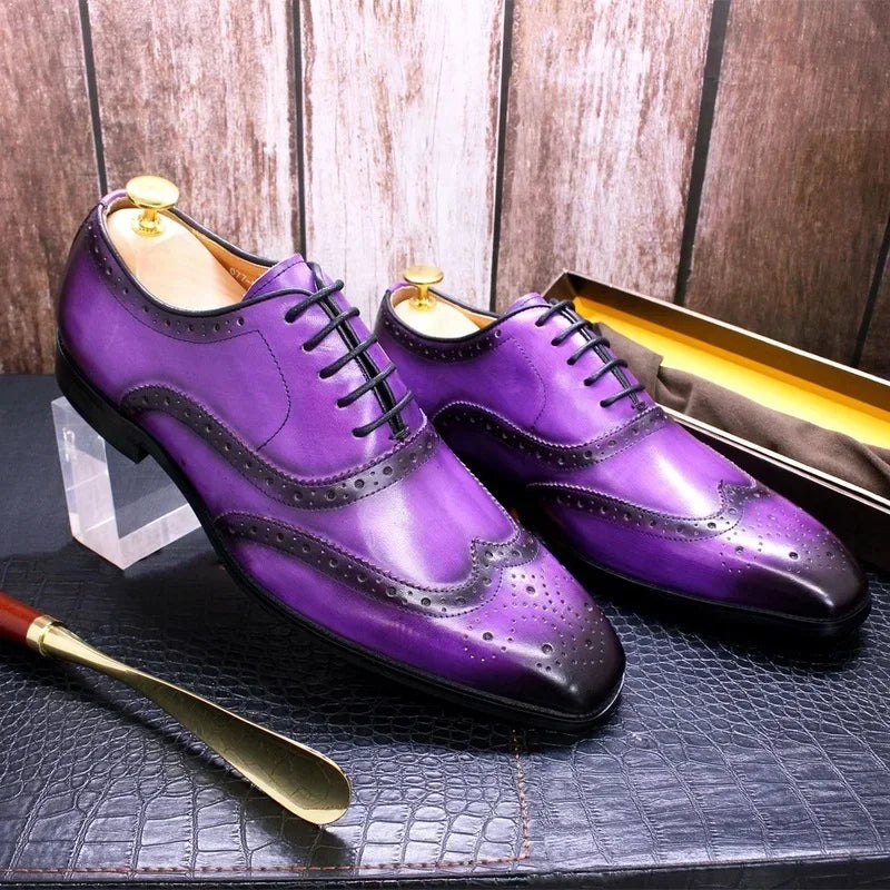 Noble Purple Handmade Mens Brogue Carved Leather Shoes Genuine Leather Men's Dress Shoes Classic Business Formal Shoes for Men