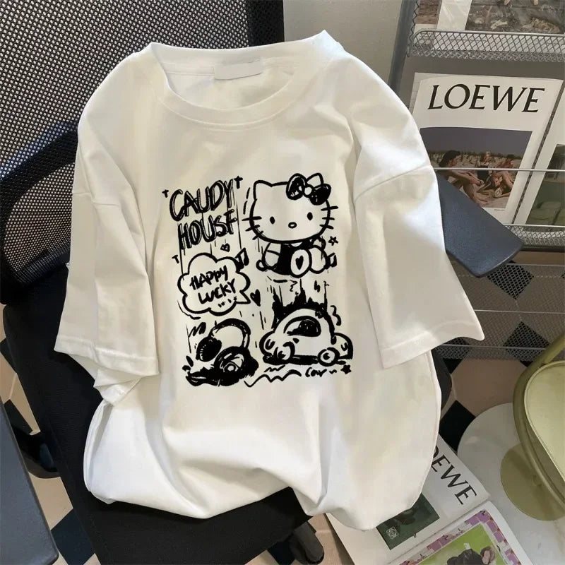 Fashion Hello Kitty Printed Design Kids T-shirt Loose Edition Women's Casual Summer Top Y2k Short Sleeve Trendy Harajuku Top