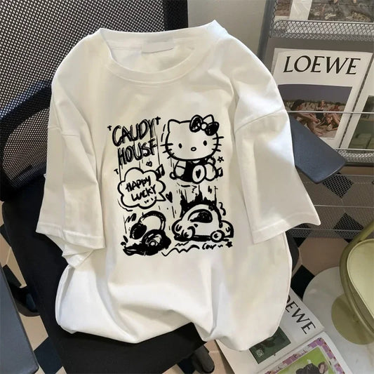 Fashion Hello Kitty Printed Design Kids T-shirt Loose Edition Women's Casual Summer Top Y2k Short Sleeve Trendy Harajuku Top