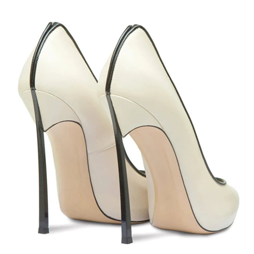 Spring and Autumn New Pointed Shallow Leather Single Shoes Metal Fine High Heel Banquet Dress Customized Large Size Women's Shoe