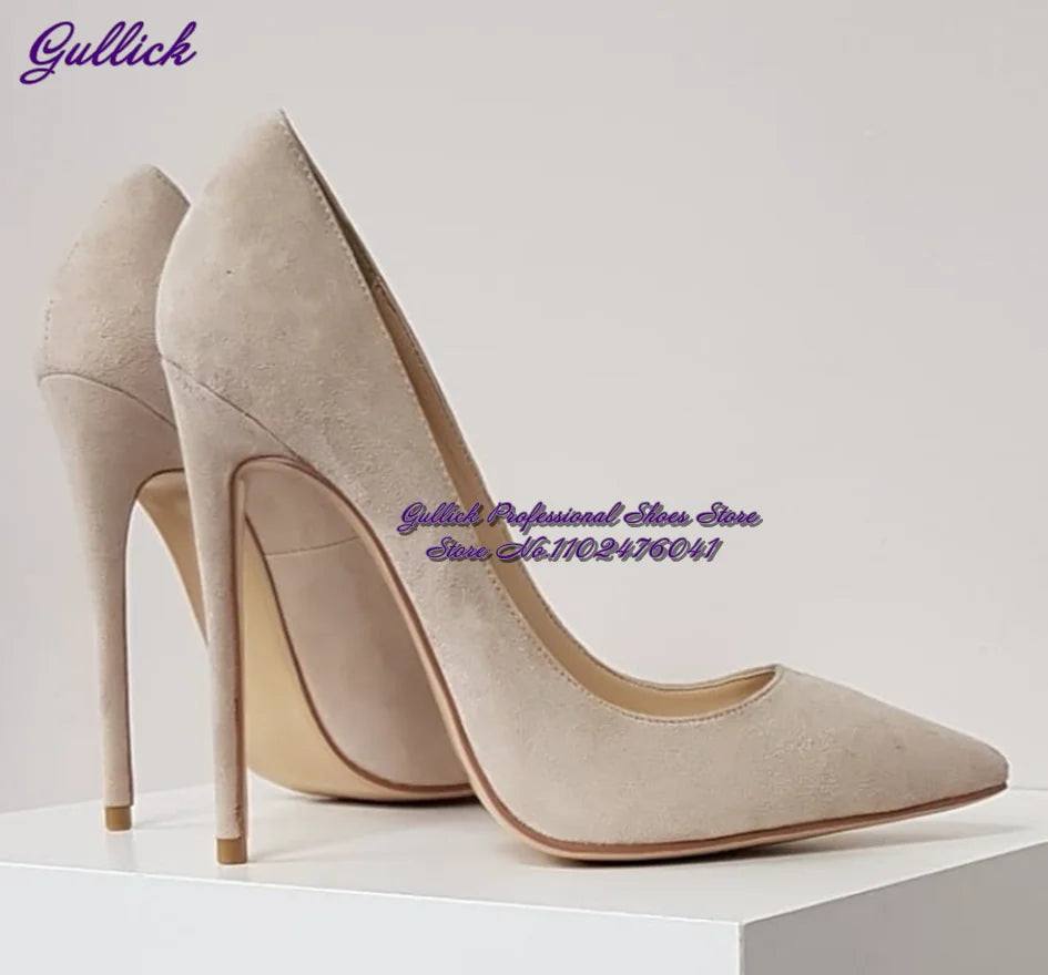 Gullick Women Hot Pink Suede High Heel Shoes 12Cm 10Cm 8Cm Stilettos Slip-On Pointed Toe Wedding Shoes Shallow Pumps Size45