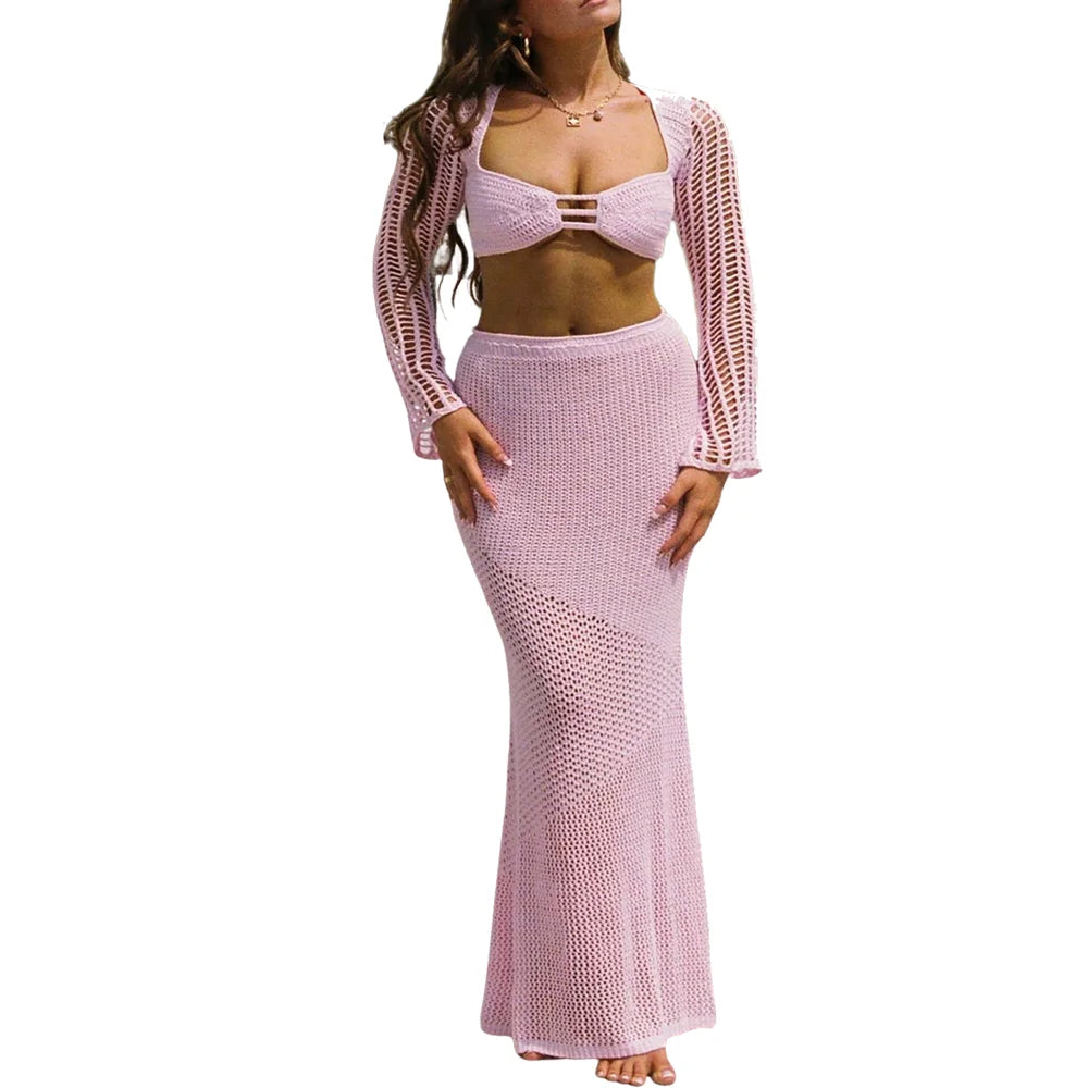 Sexy Party Knitted Two Piece Set Short Crop Top And Skirts Slim Bodycon 2 Pieces Sets Women 2025 Spring Summer Outfits
