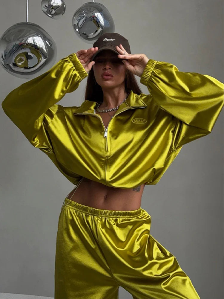 2026 Spring Satin Embroidered Zip-Up Jacket Wide Leg Pants Set Oversized Slouchy Women 2 Pcs Outfit Cool Lady Co-ord Streetwear