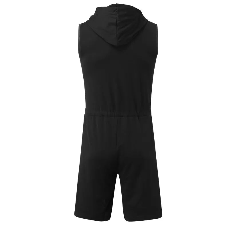 Men Short Jumpsuit Tight Sleeveless Bodysuit Zipper Hooded Rompers Short Pants Casual Home Wear Tracksuit Pajamas