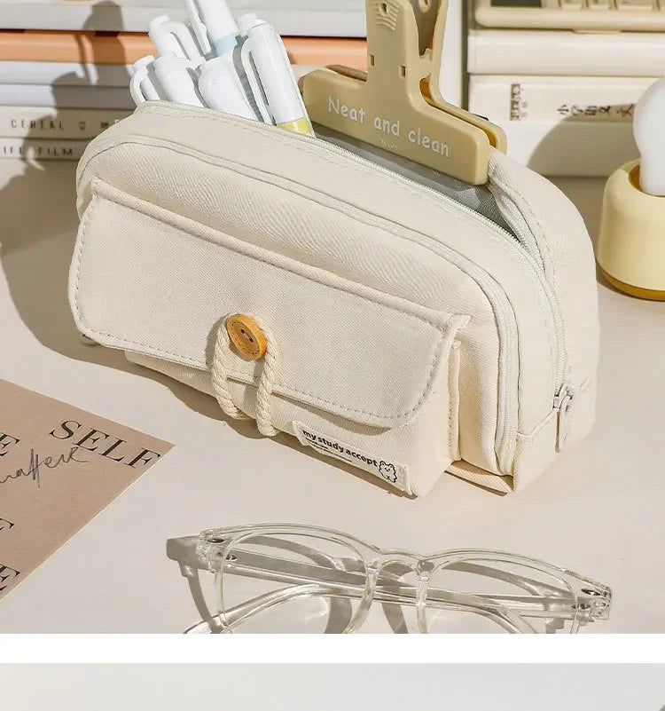 Cute And Convenient Canvas Pencil Case Large Opening Capacity for Student Supplies Cosmetics Travel Handbag 1pc