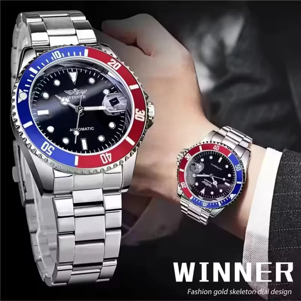 Classic Mechanical Watches Luxury Brand Business Automatic Watch for Men Rotatable Bezel Luminous Dial Steel Strap Clock