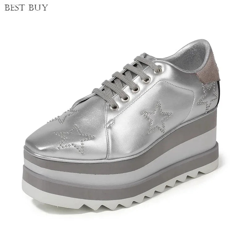 New beige Women Platform Casual Shoes 2024 Spring Black Casual Chunky Sneakers Women Real Leather White Height Increasing Shoes
