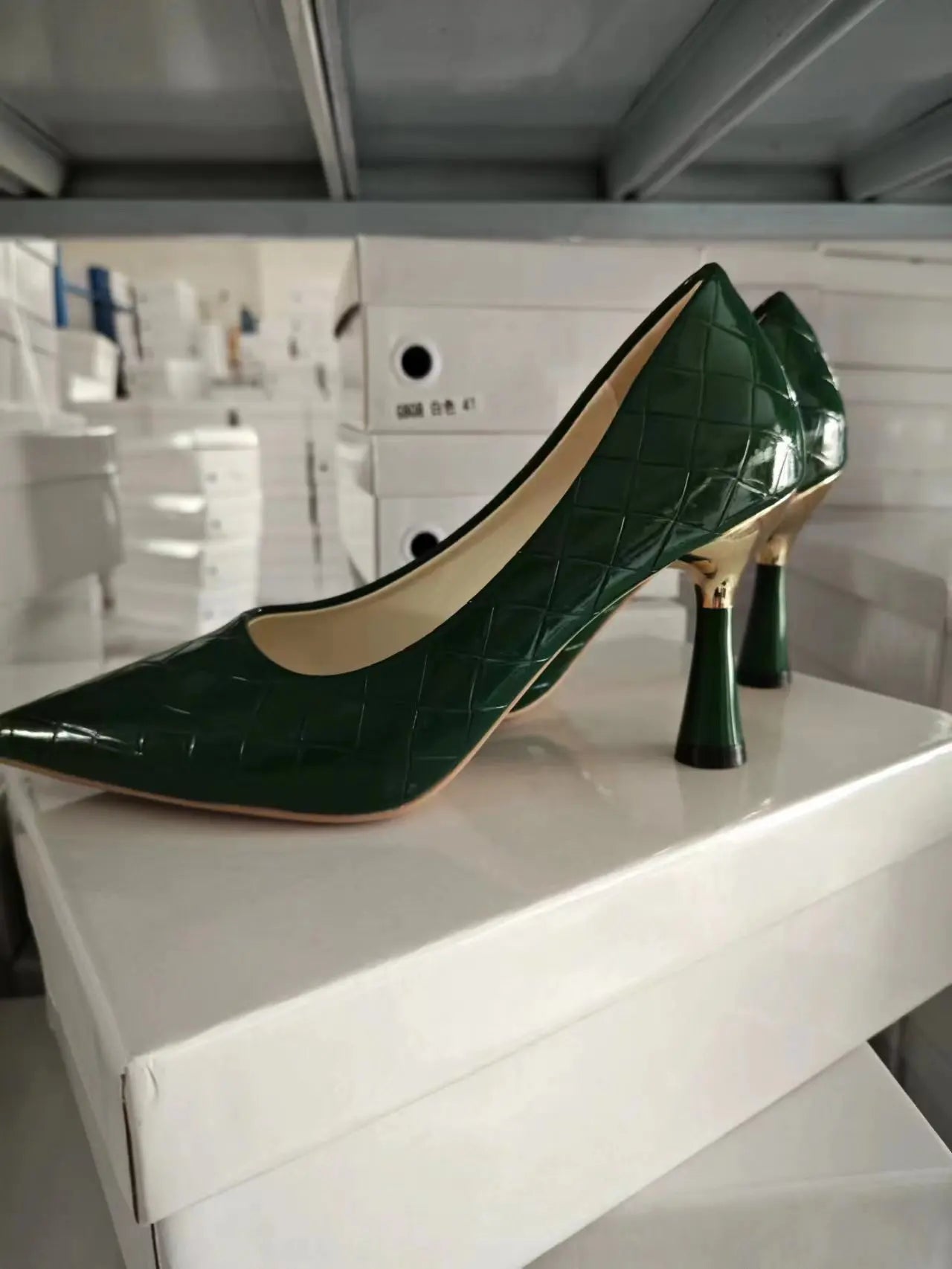 Green Plaid Classic Casual High Heels New Pattern Embossed Fashion Oversize Shoes In Spring and Summer 2023 Pumps Women Shoes