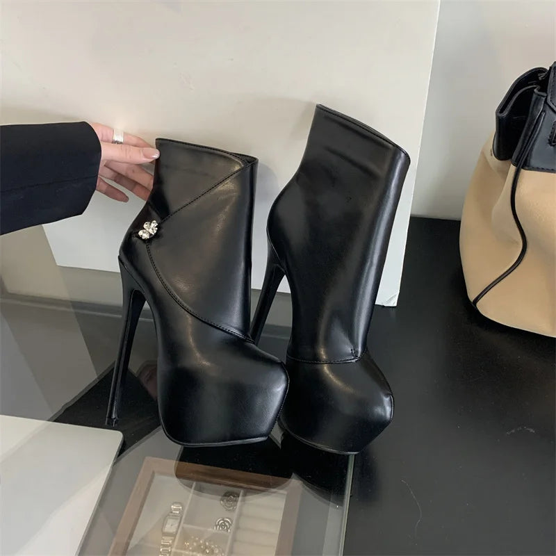 Hlieny Size 35-42 Fashion Extreme Platform Boots Women Winter Fashion Round Toe Thin High Heels Flowers Buckle Shoes