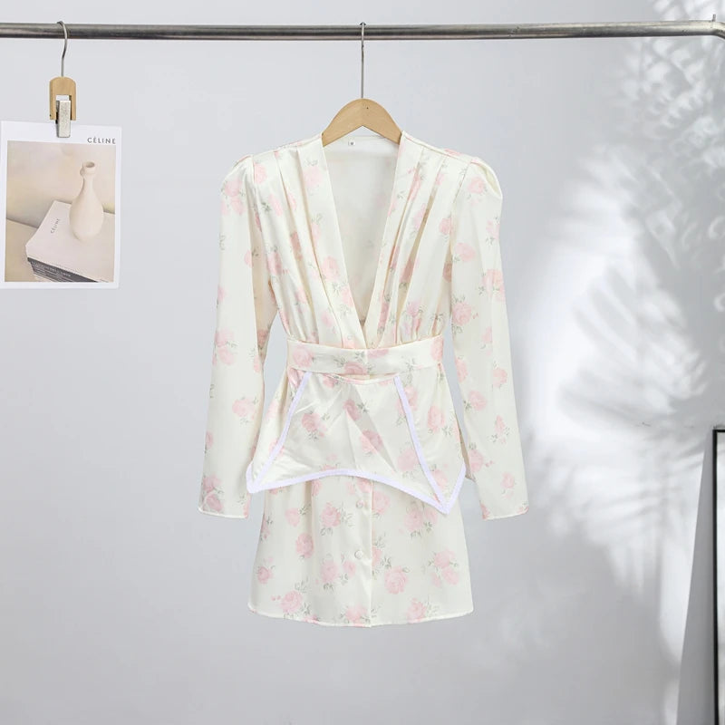 Casual Printed Mini Dress Women Full Sleeve Button V-neck Lady Short Dresses Waist Tape 2026 Spring Summer Female Robe Beach