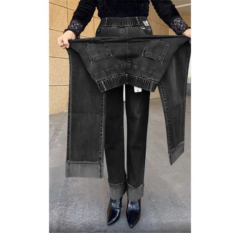 Plus Size Middle Aged Womens Jeans Elastic Waist High Waist Loose Denim Pants