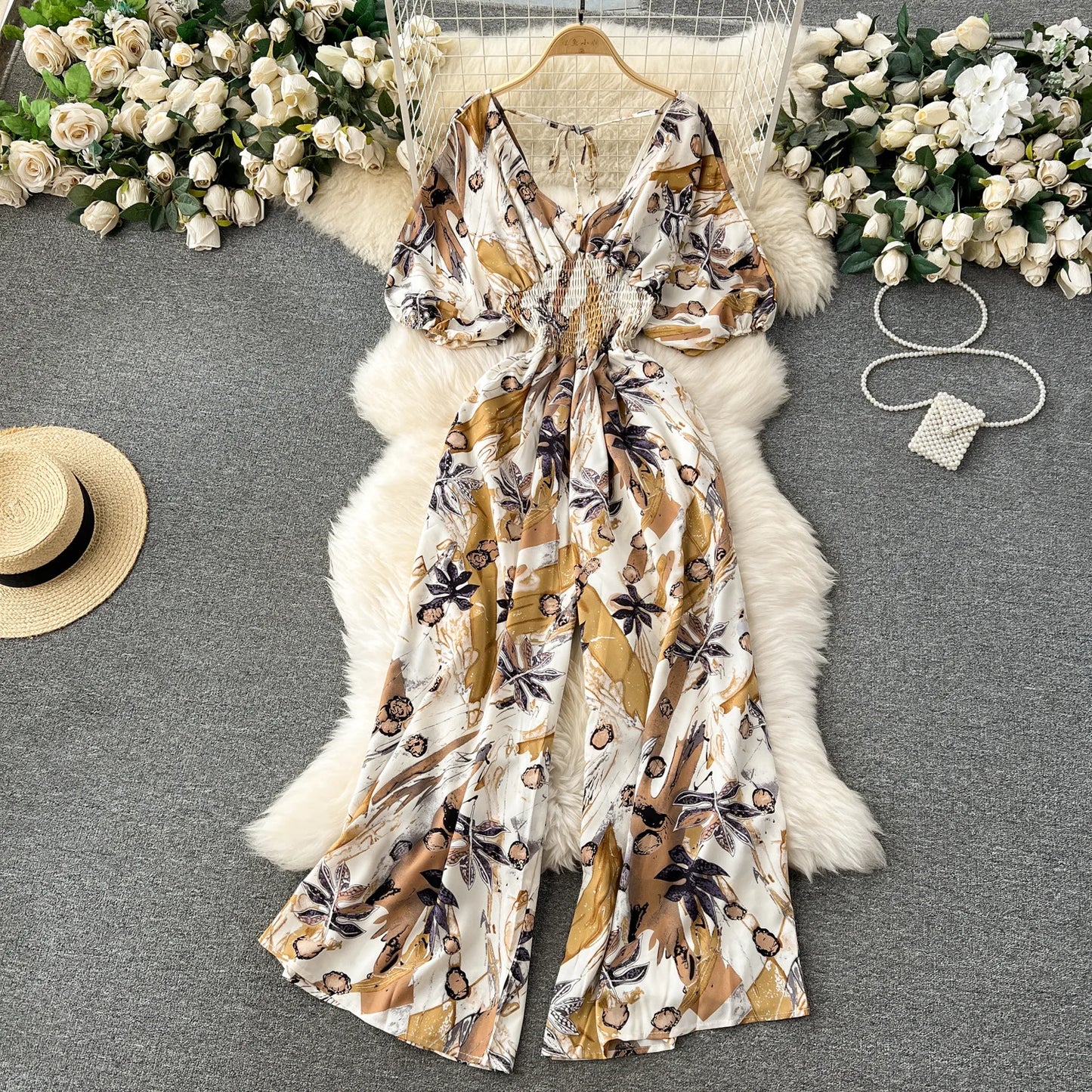V Neck Sexy Dolman Sleeves Waist Slim Floral Print Jumpsuit Women Wide Leg Trousers Jumpsuit