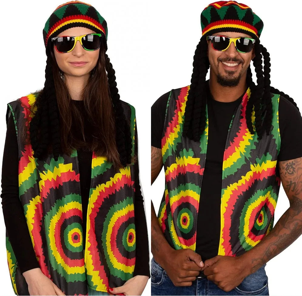 Unisex Synthetic Wig Knit Braid Hat Jamaican Bob Rasta Beanie Cap Dreadlocks Wig Bob Marley Caribbean Hip Hop Cosplay Headwear