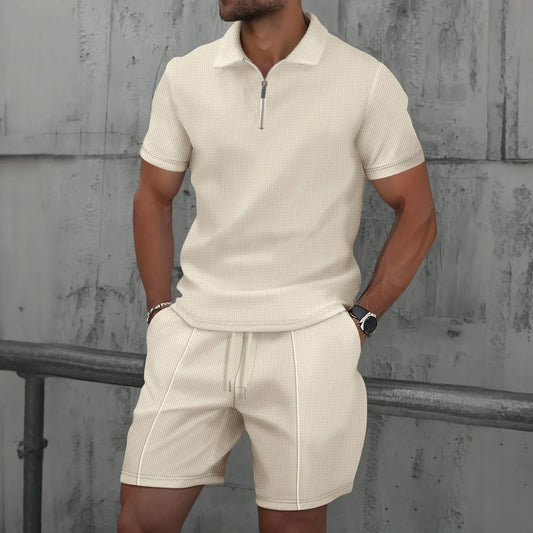 Summer Men Sports Polo Suit Short Sleeve Stylish Zipper Polo Shirt And Shorts Set Men Casual Streetwear 2-pie Leisure Sports Set