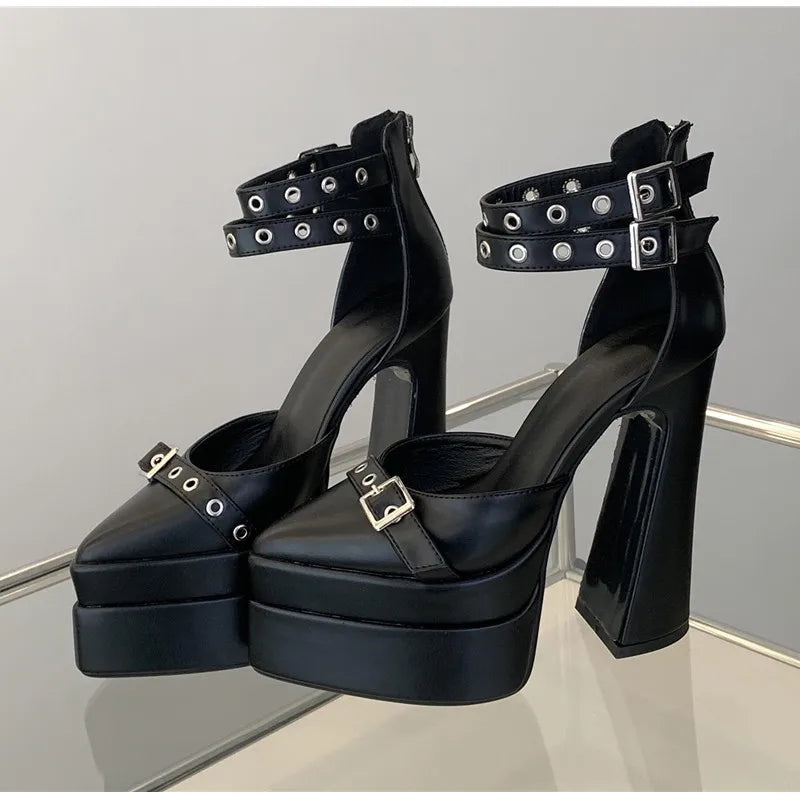 Runway style 15cm Ultra High heels Platform Wedges Women Pumps Fashion Rivet Ankle Strap Thick Heeled Spring Summer Chunky Shoes