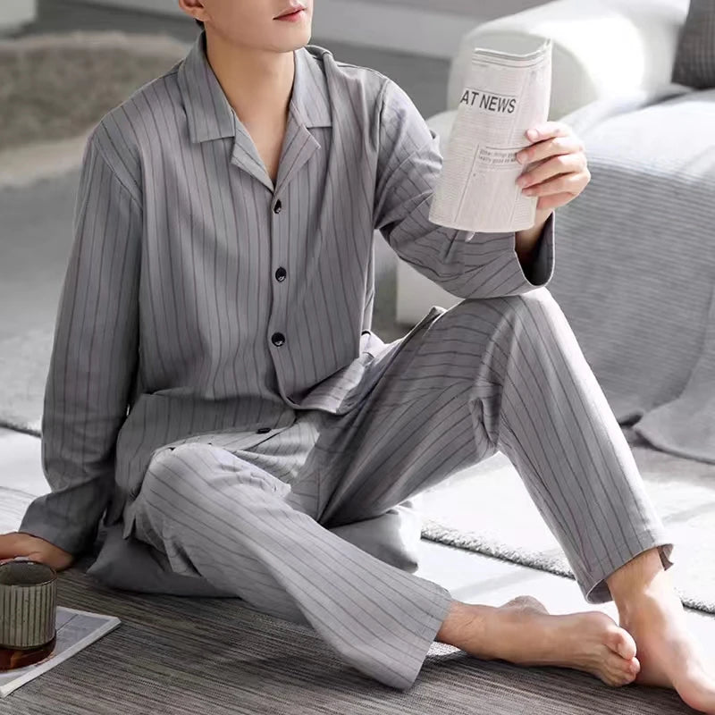 Pajamas for Men Spring and Autumn Long-Sleeved Young Men's Simple Casual Lapel Autumn and Winter Home Wear Set