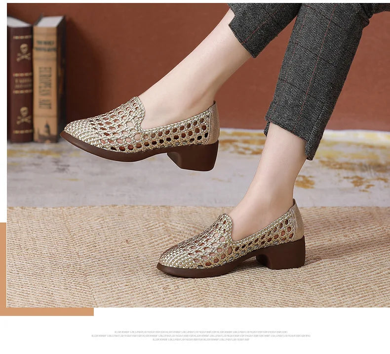 Summer Hollow Woven Breathable Shoes Women Sandals Big Size Thick Heels Genuine Leather Shoes Summer Casual Sandals
