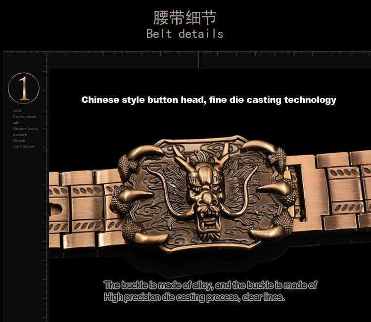 Men's belt Stainless steel Belt Retro Dragon metal Belt Gold Color Charm Belt Hip Hop Punk Strap self-defense luxury Belt male BAZAARHUBO