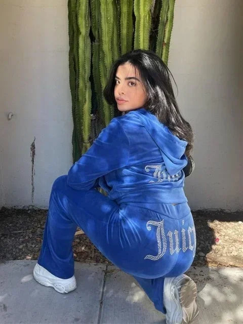 Two Piece Set Diamonds Hoodie Crop Jacket And Joggers Pants Outfits Streetwear Jogging Suits Juicy Corture Tracks