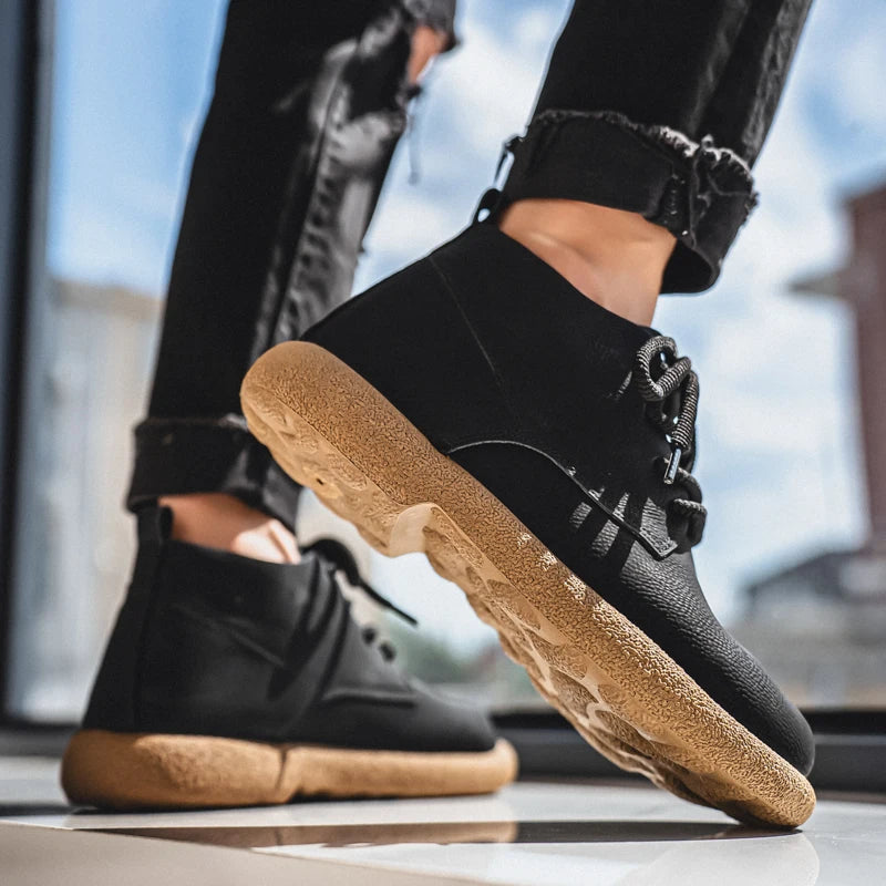 Outdoor Leather Men Casual Shoes British Style High Quality Ankle Boots High Top Man Work Boots Comfortable Walking Sneakers