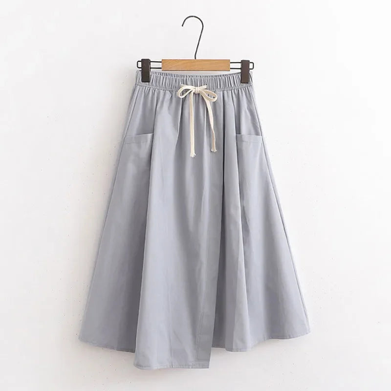 Elegant Vintage Women Skirt Summer Korean Style Solid Elastic High Waist Midi Long Skirt With Belt Female Office Ladies Wear