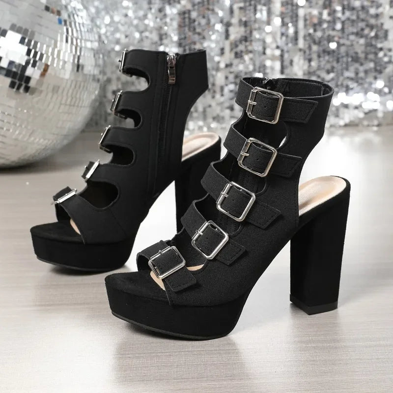 Women Summer New Platform Fashion Cutout Metal Buckle Non-slip Block Heel Roman High Heels Fish Mouth Sandals