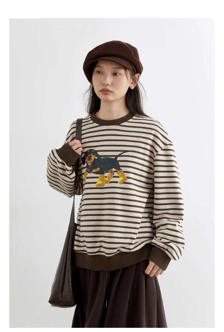 CHIC VEN New Women T-Shirts Loose Casual Round Neck Striped Dog Print Long Sleeved Female Tees Pullover Autumn Winter 2025