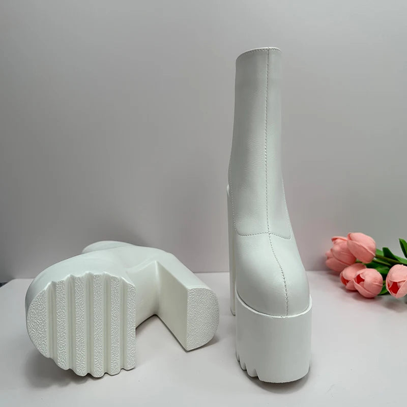 16CM Super High Heels Motorcycle Boots New Square Heel Platform Women Ankle Boots Sexy White Pleated Back Zipper Short Boots