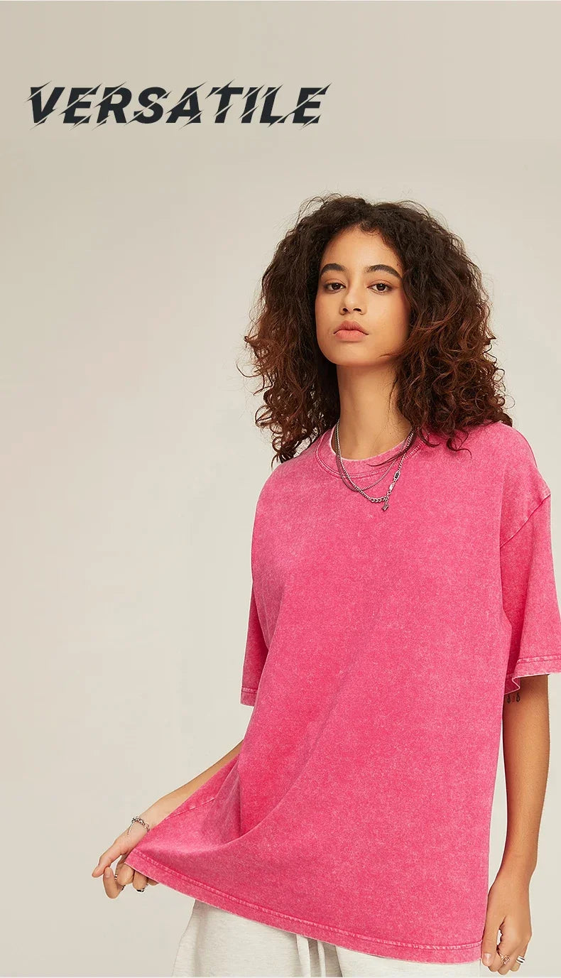 American Style Retro Heavyweight Solid Color Short Sleeved T-shirt Men Women Summer Street Trendy Washed Old Oversized Clothes