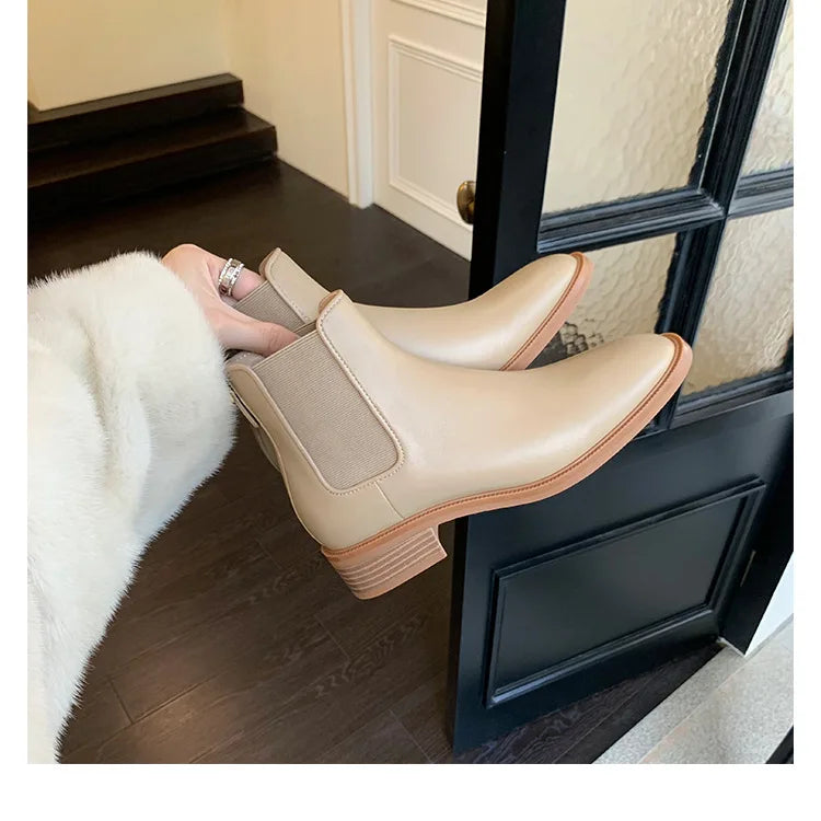2026 Autumn/Winter Ankle Boots Women Basic Chelsea Botas Mujer Low Thick Heels Short Booties PU Leather Slip On Stretch Botines