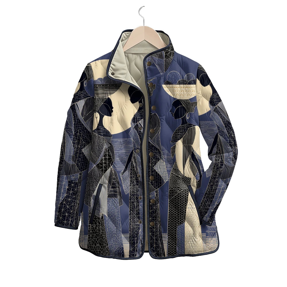 Women's African Art Jackets with Female Profile Florals Pattern Coats Multi-Color Silhouette Patterns Artistic Winter Outerwear