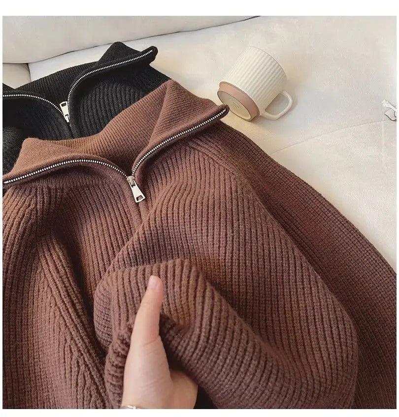2024 Autumn New Korean Style Versatile Basics Half-zipper Loose Lapel Winter Long-sleeved Lazy Sweater Pullover Top