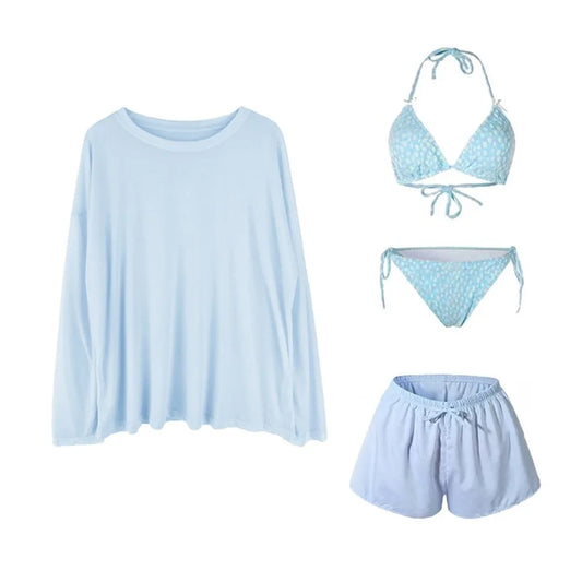 Casual Lace-up Women's Swimwear Set Mesh Transparent Beachwear 4Pieces Bikini Swimsuit Sun Protection Loose Bathing Suit Party