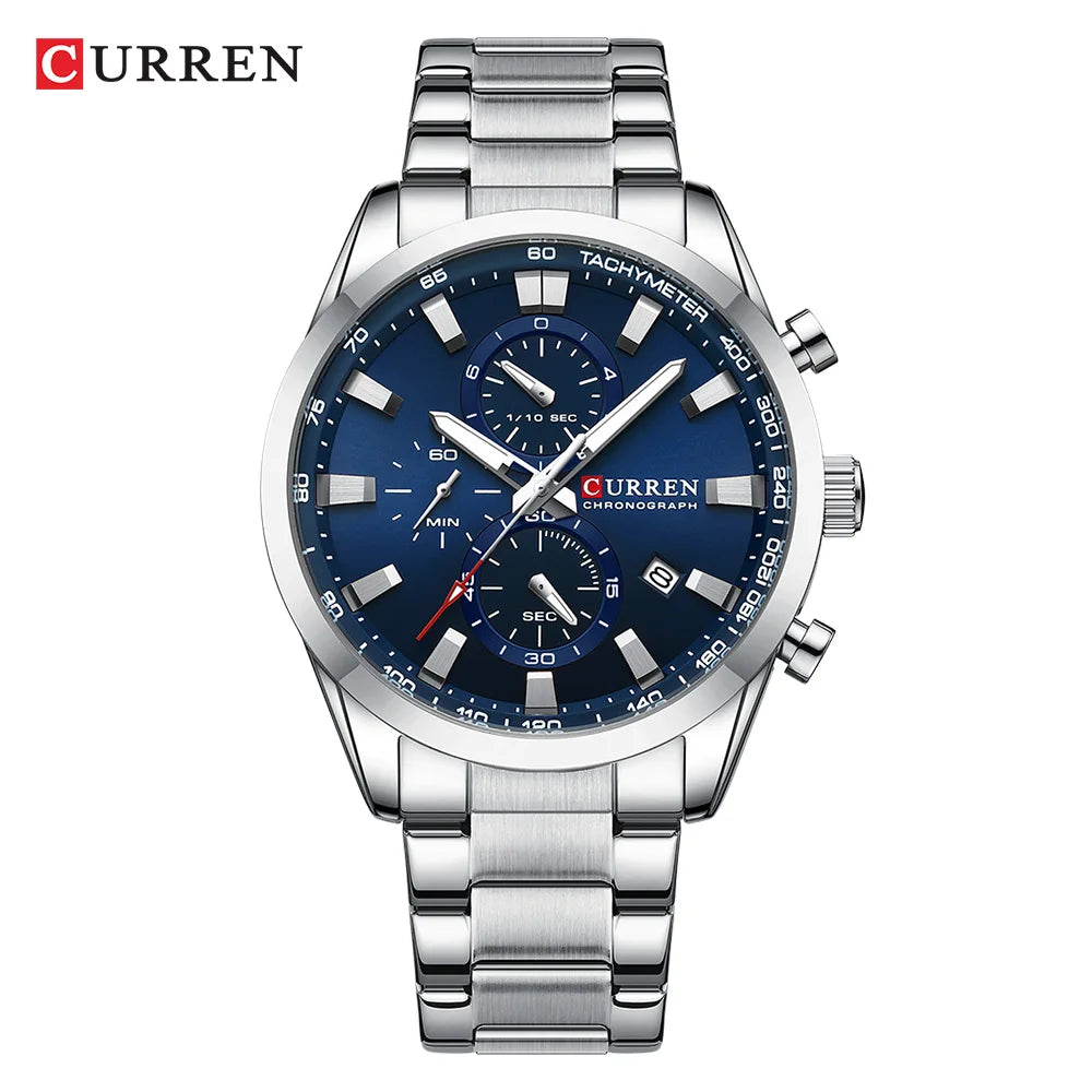 CURREN  New Sports Multifunction Stainless Steel Band Watches Fashion Brand Quartz Men's Wristwatches with Date