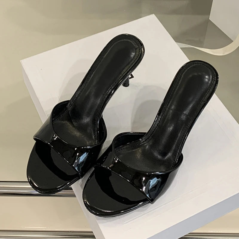 Liyke White Patent Leather Women Slippers Sandals Fashion Round Open Toe Thin High Heels Mules Slides Summer Party Dress Shoes