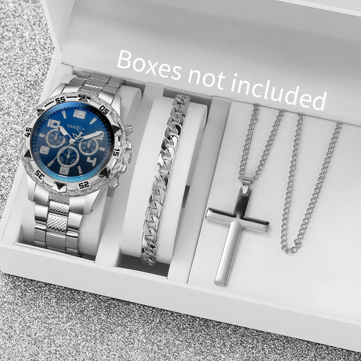 3PCS/Set Fashion Men's Quartz Watch Luxury Large Dial Men Business Watches Necklace Bracelet Set Reloj Hombre（Without Box）