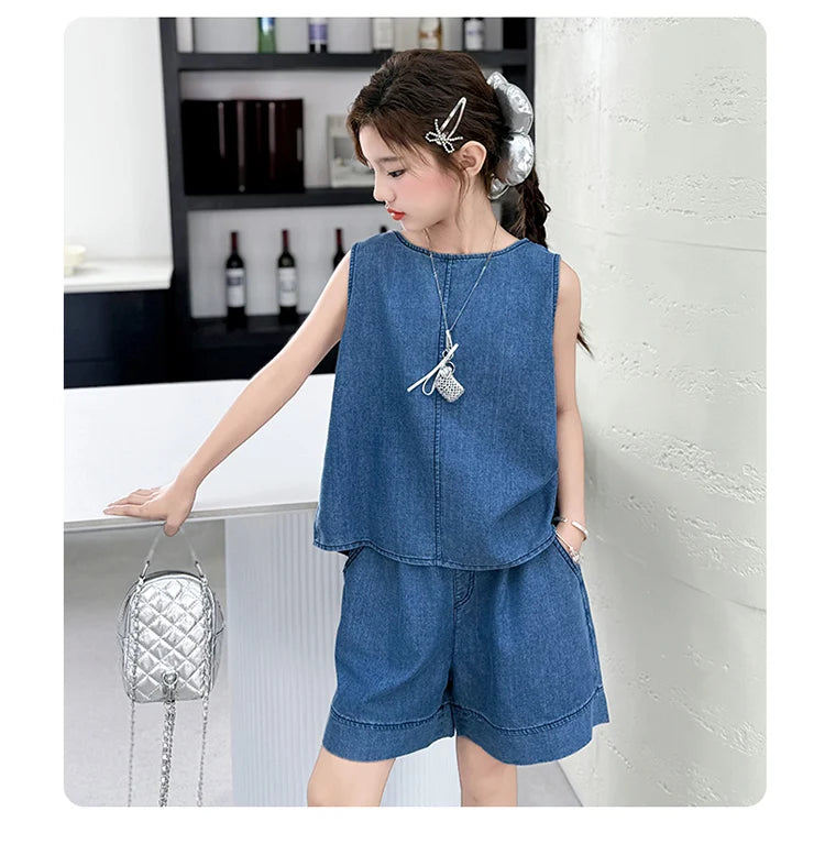 High Fashion Children Summer Denim Suit for Girls Casual Vest + Shorts 2 Piece Clothing Set Kids Trendy Street Outfit Age 5-14 Y