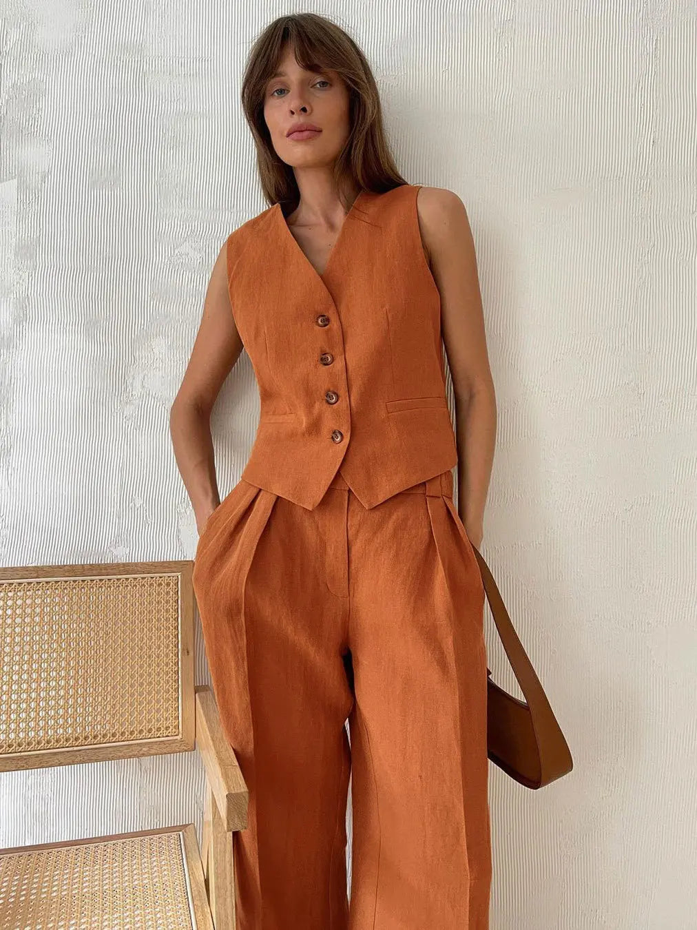 Sleeveless Vest Jacket Top Casual Pants Two-piece Set For Women's Wide Leg Pant Sets Sexy Summer Boho Cotton Linen Ladies Suits