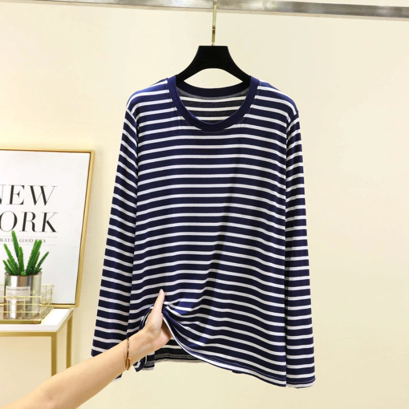 Spring Men Striped T-Shirt Loose and Versatile Sleepwear Round Neck Long Sleeved Top Casual Plus Size Simple Pajamas Homewear