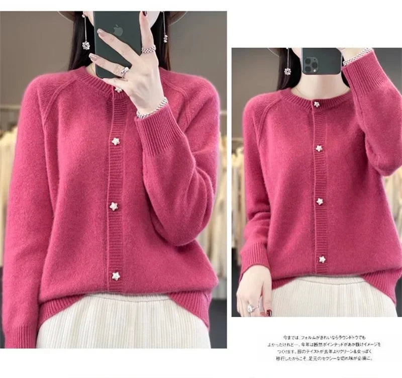 New Women Cardigan Sweater Autumn/Winter Round Neck Star Button Solid Knit Bottoming Shirt Jacket Quality Knitwear Female Tops