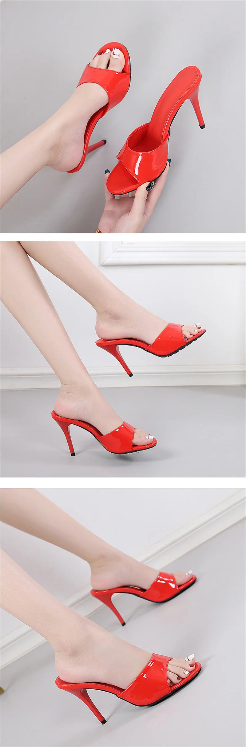 Liyke Black Patent Leather Women Slippers Sandal Fashion Round Open Toe Mules High Heels Slides Summer Party Dress Shoes Size 43
