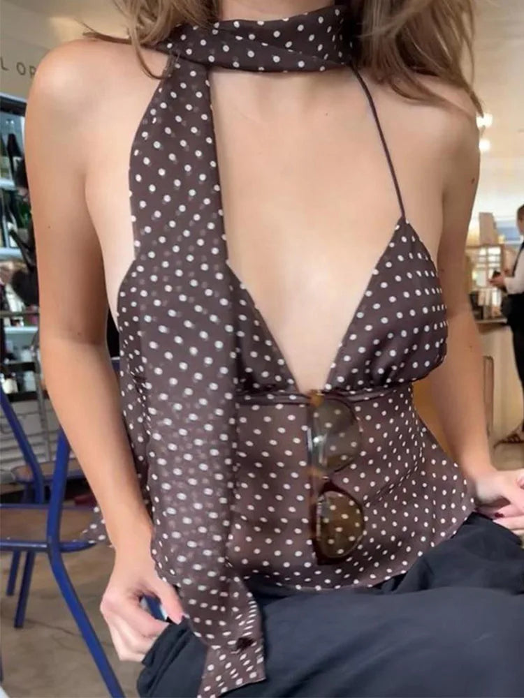 Summer Y2K Women's Polka Dot Print Sleeveless Vest Vintage Camisole with Spaghetti Strap Scarf Streetwear Top