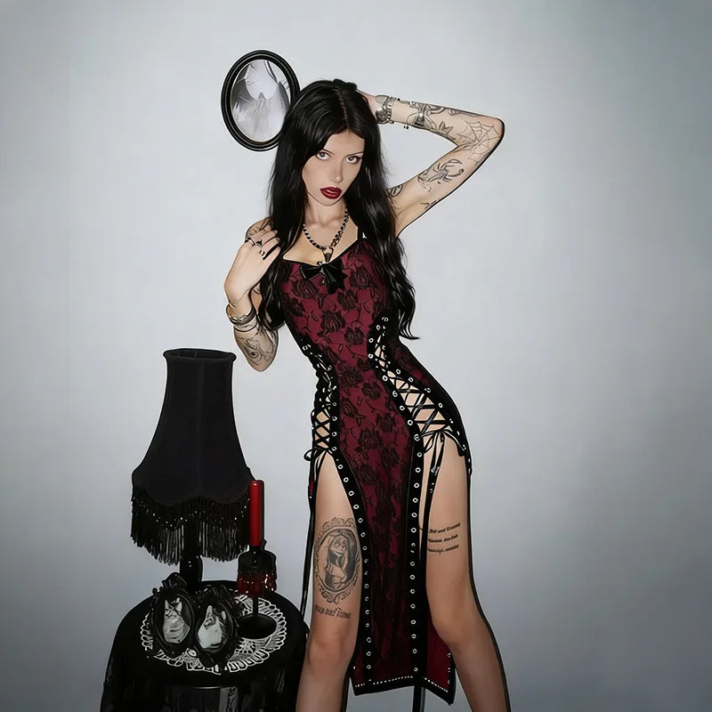 ONE TO WAN Summer Sexy Dark Gothic Style Dress Women's Subcultural Y2K Thin Spaghetti Strap Dress Vintage Design Punk Streetwear